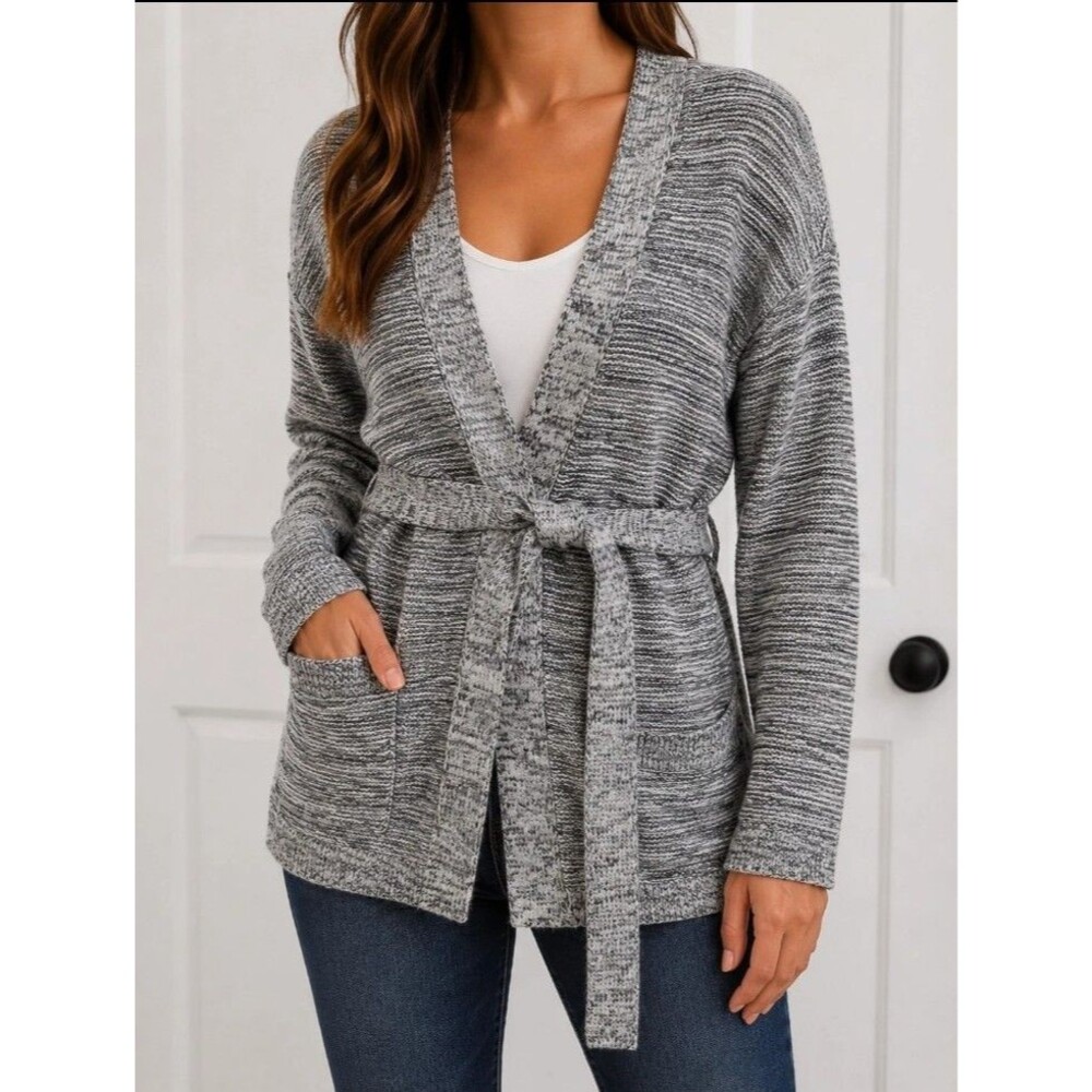 Gap Women's Gray Marled Belted Open Front Cardigan Sweater Large Knit Pockets